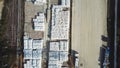 Aerial top view of building materials warehouse. Stock footage. Large storage of construction materials in industrial