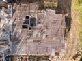 aerial top view of building under construction with steel rebars mesh