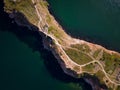 aerial view of Cape Kaliakra, Bulgaria's enchanting headland. Marvel at the majestic cliffs, ancient fortress, and