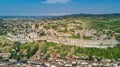Aerial top view of Carcassonne medieval city and fortress castle from above, France