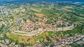 Aerial top view of Carcassonne medieval city and fortress castle from above, France