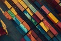 Aerial top view cargo containers arranged in parallel lines on ship dock