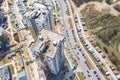 Aerial top view of city construction site. construction of new modern multistory buildings