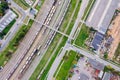 Aerial top view on city industrial area with railroad cargo tracks Royalty Free Stock Photo