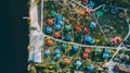 Aerial top view of the colored houses. Country complex. Building. Nature