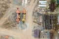 Aerial top view: constraction crane or trucks