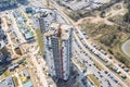 Aerial top view of construction site with tower cranes