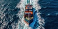 Aerial top view of container cargo ship in the open sea. AI generative illustration