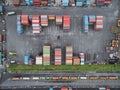 Aerial top view container in port warehouse waiting for export . Royalty Free Stock Photo