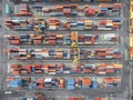 Aerial top view container in port warehouse waiting for export . Royalty Free Stock Photo