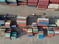 Aerial top view container in port warehouse waiting for export, drone photo Royalty Free Stock Photo