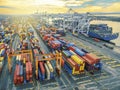 Aerial top view container in port warehouse waiting for export .