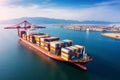 Aerial Top view. Container ship in the pier with crane bridge carries and physical system icons out export and import business in Royalty Free Stock Photo