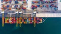 Aerial top view container ship at terminal seaport with tugboat, Global business cargo freight ship import export logistic and Royalty Free Stock Photo