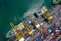 Aerial top view containers terminal and shipping loading containers