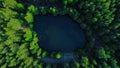 Aerial top view of country road in green summer forest and blue lake. Drone photography from above. Royalty Free Stock Photo
