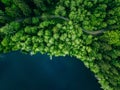 Aerial top view of country road in green summer forest and blue lake. Rural landscape in Finland Royalty Free Stock Photo