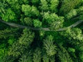 Aerial top view of country road in green summer forest. Rural landscape in Finland Royalty Free Stock Photo