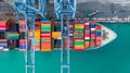 Aerial top view crane shipping container, cargo container ship c Royalty Free Stock Photo