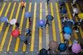 Aerial top view of crowd of people with umbrellas walking on street over zebra crossing or pedestrian crossing while raining. Royalty Free Stock Photo