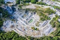 Aerial top view of crushing machinery, conveying crushed granite gravel stone in a quarry open pit mining. Processing Royalty Free Stock Photo