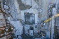 Aerial top view of crushing machinery, conveying crushed granite gravel stone in quarry open pit mining. Processing plant for Royalty Free Stock Photo