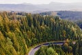 Aerial top view of curvy mountain road goingthroughthe pine forest Royalty Free Stock Photo