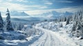 Aerial top view Curvy road in snow covered forest in winter