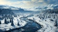 Aerial top view Curvy road in snow covered forest in winter