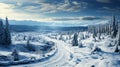 Aerial top view Curvy road in snow covered forest in winter