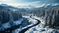 Aerial top view Curvy road in snow covered forest in winter