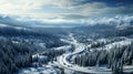 Aerial top view Curvy road in snow covered forest in winter