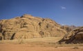 Aerial top view desert landscape of Jordanian Wadi Rum famous touristic destination sand valley and gorgeous picturesque rocky