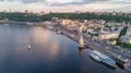 Aerial top view of Dnepr river and Podol district from above, Kiev Kyiv city