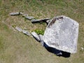 Aerial zenithal view of a dolmen, a prehistoric tomb, ancient burial