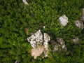 Aerial Top view from a drone on a lonely rock in the green forest Royalty Free Stock Photo
