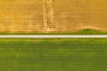 Aerial top view drone photography of a land with sown green fields in countryside Royalty Free Stock Photo