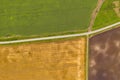 Aerial top view drone photography of a land with sown green fields in countryside Royalty Free Stock Photo