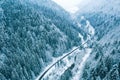 Aerial top view drone shot of the pine and spruce trees forest covered with snow in the Tatra Mountains in Slovakia with a Royalty Free Stock Photo