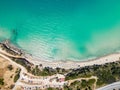 Aerial top view by drone of tropical beach of Voulisma beach, Istron, Crete, Greece Royalty Free Stock Photo