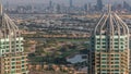 Aerial top view of Dubai Marina evening timelapse.