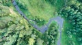 Aerial top view ecosystem of forest river and lake on meadow valley, Texture of forest view from above