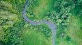 Aerial top view ecosystem of forest river and lake on meadow valley, Texture of forest view from above