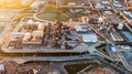 Aerial top view Electrical power plant, support oil refinery and gas refinery plant form industry zone Royalty Free Stock Photo