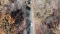 Aerial top view of empty road in autumn city park with two young professional cyclists at sunny warm day. Rear follow view of peop