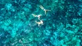 Aerial top view of family snorkeling from above, mother and kids snorkelers swimming in a clear tropical sea water with corals