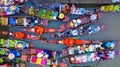 Aerial top view famous floating market in Thailand, Damnoen Saduak floating market, Farmers go to sell own organic products, Royalty Free Stock Photo