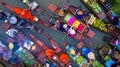 Aerial top view famous floating market in Thailand, Damnoen Saduak floating market, Farmers go to sell own organic products, Royalty Free Stock Photo