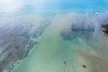 .aerial top view fishing boats parking on the beach during low tide at Rawai beach Phuket Thailand. Royalty Free Stock Photo