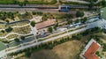 Aerial top view of Fonserannes locks on canal du Midi from above, unesco heritage landmark, France